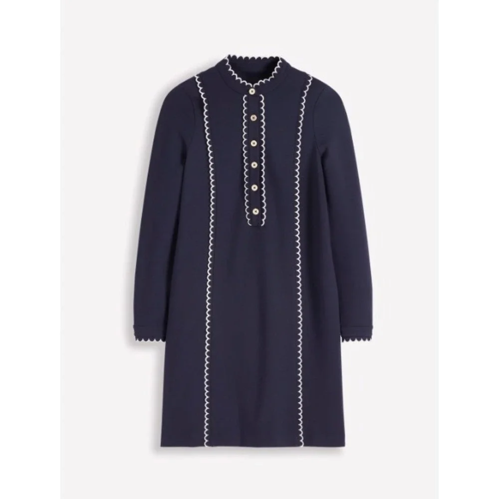 Boden Navy Blue Scalloped Ric Rac Trim Shift Dress Gold Buttons | Size US 10R - Picture 5 of 9